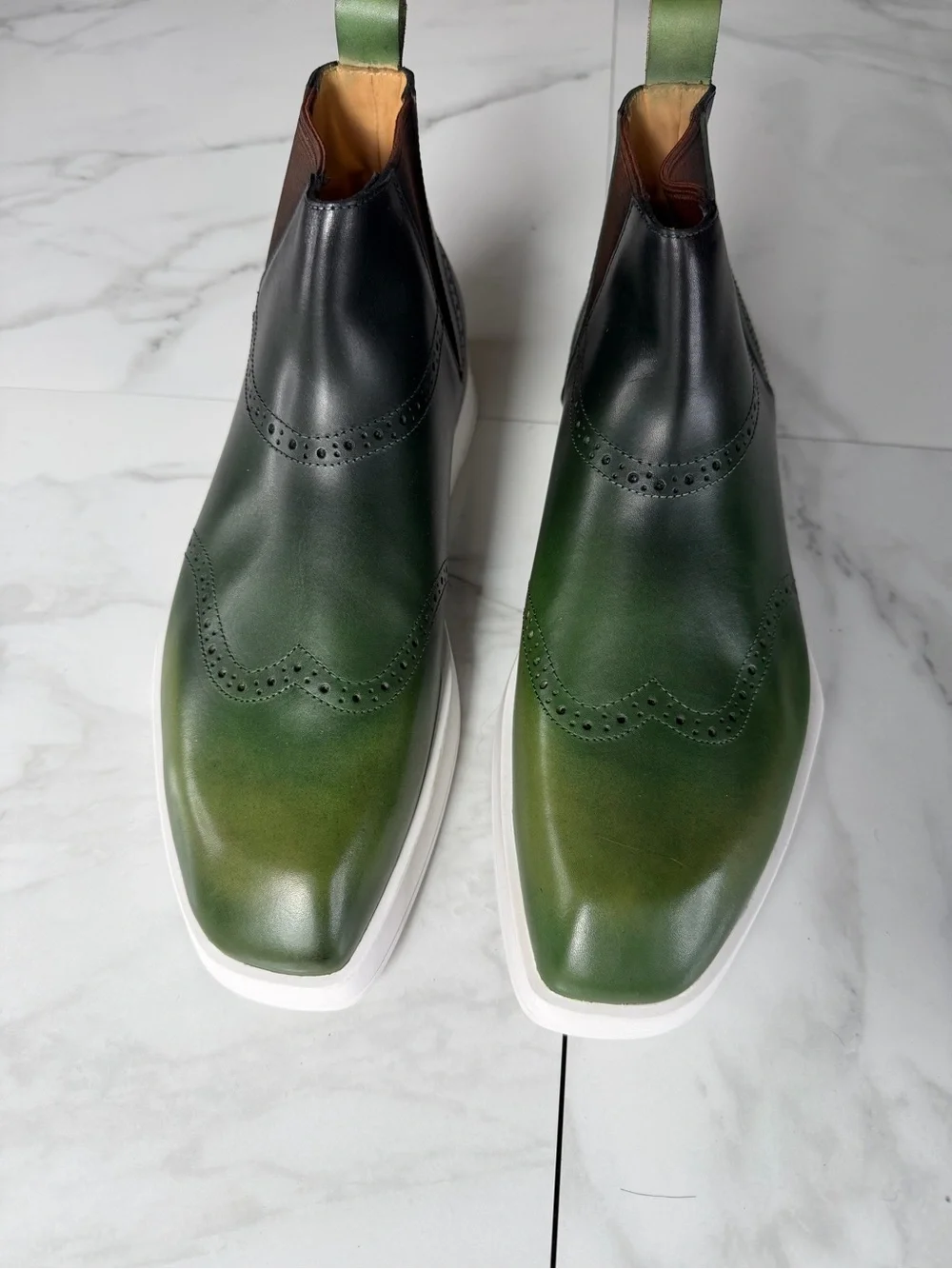 Men's Green Leather Wingtip Chelsea Boots with White Sole